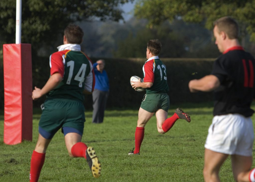 Player about to score a try in a game of rugby union