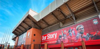 Anfield stadium, the home ground of Liverpool FC